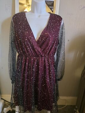 SHEIN Burgundy V-Neck Sparkle Dress with Sheer Black Sleeves